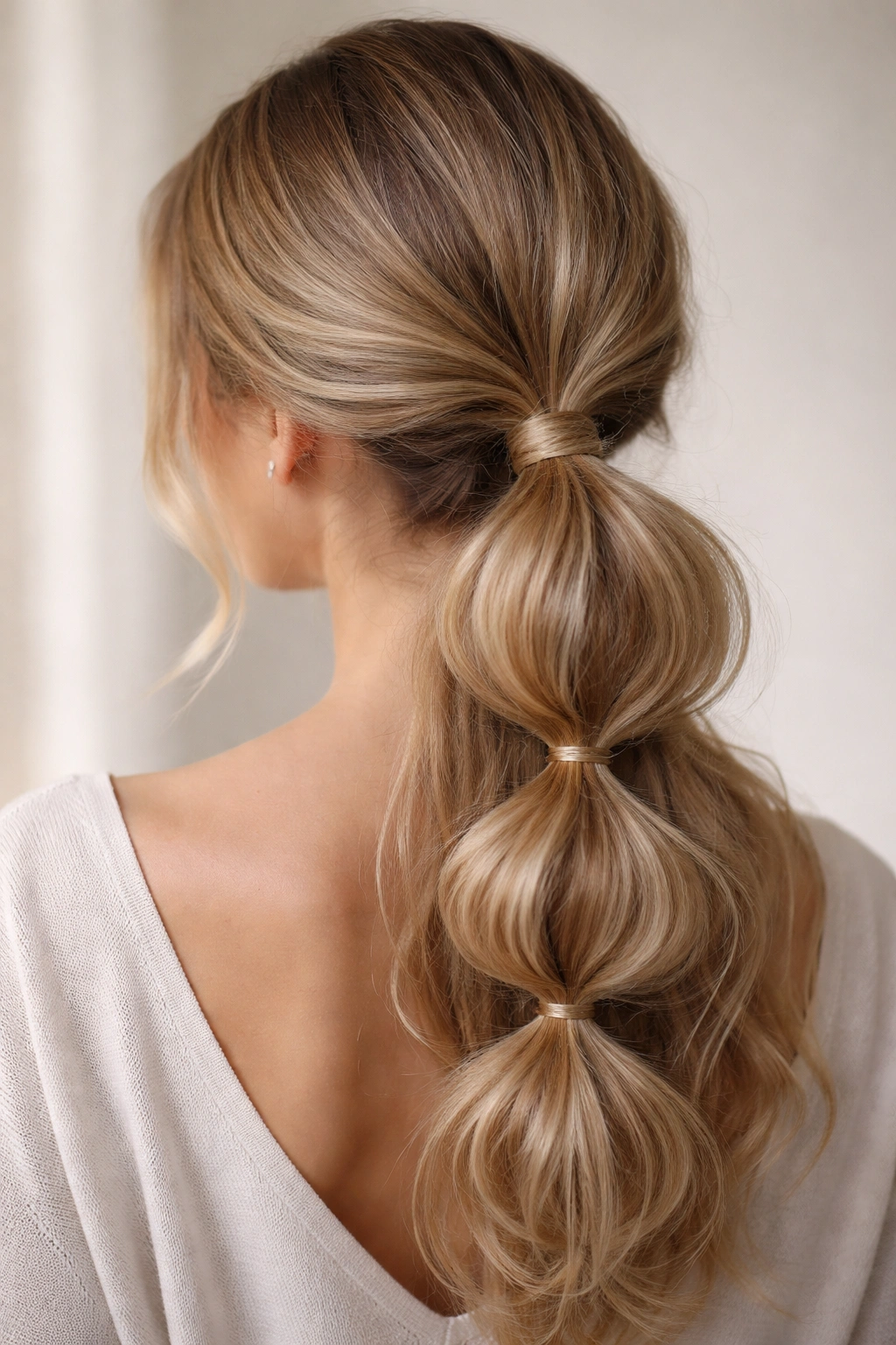 Back view of a low, loose bubble weave ponytail with large bubbles near the nape