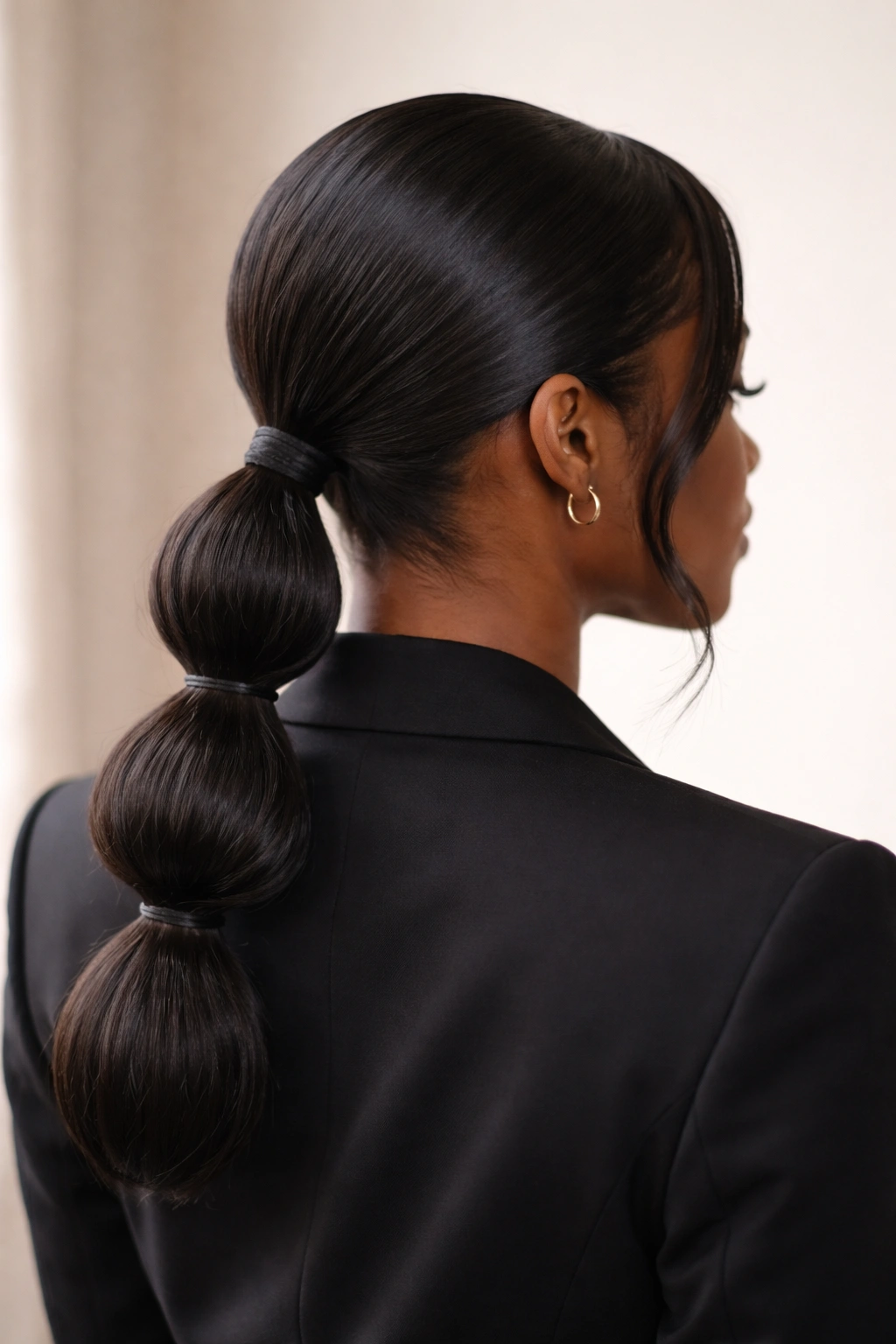 Back view of a professional with a low bubble ponytail at the nape