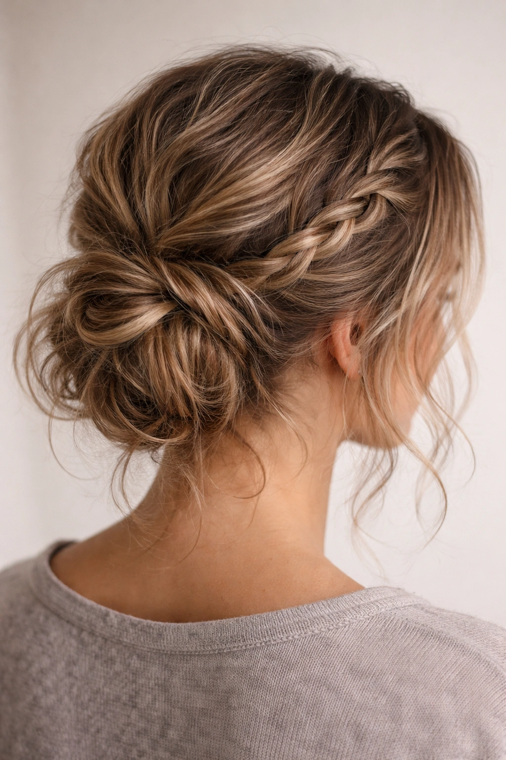 Low messy bun with braided detail on short wavy hair