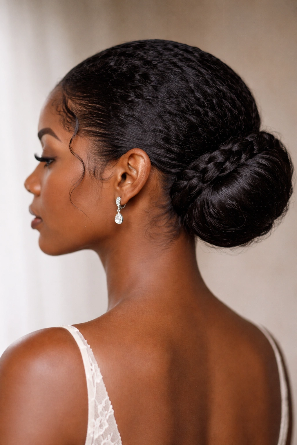 Low bun at nape with braided detail and defined curls