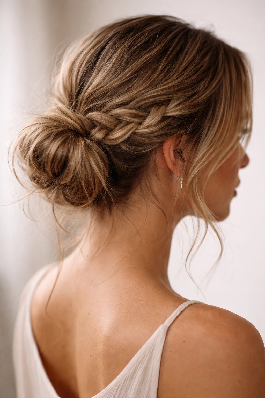 Close-up of a low bun with a loose braided detail at the base.
