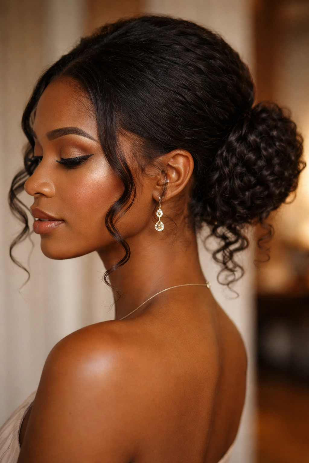 Sleek low bun with cascading curls around the nape