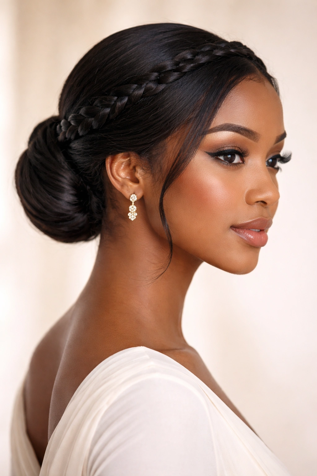 Elegant low bun with braided crown detail on a clean background.