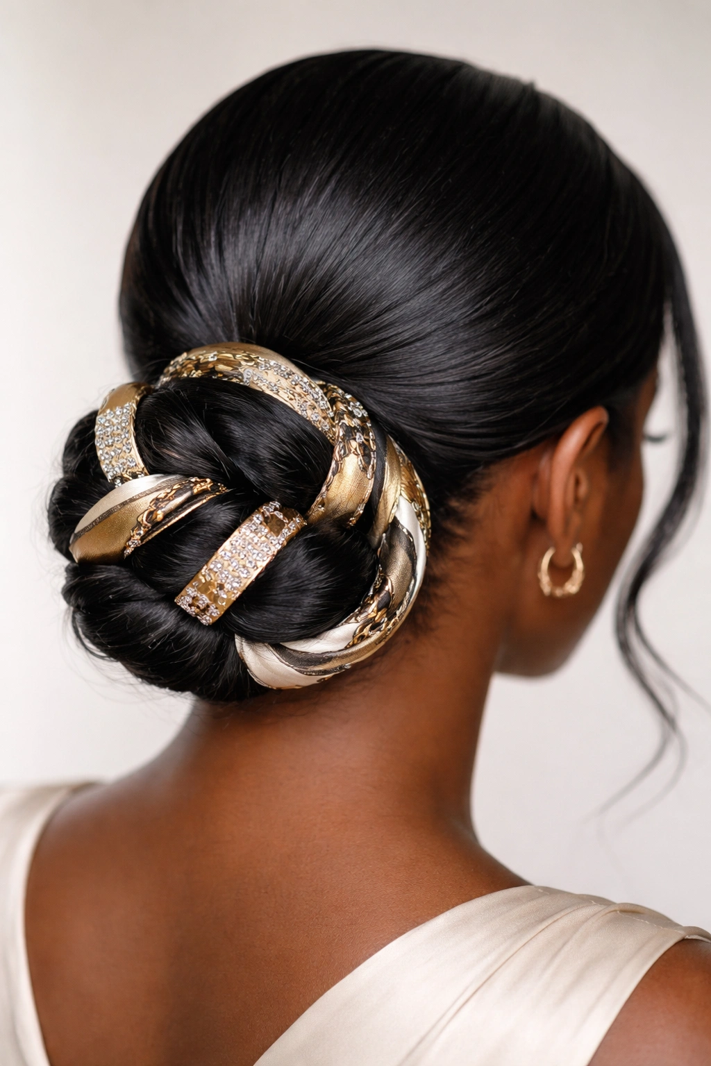 Low bun with decorative accessory featuring cuffs and scarf weave