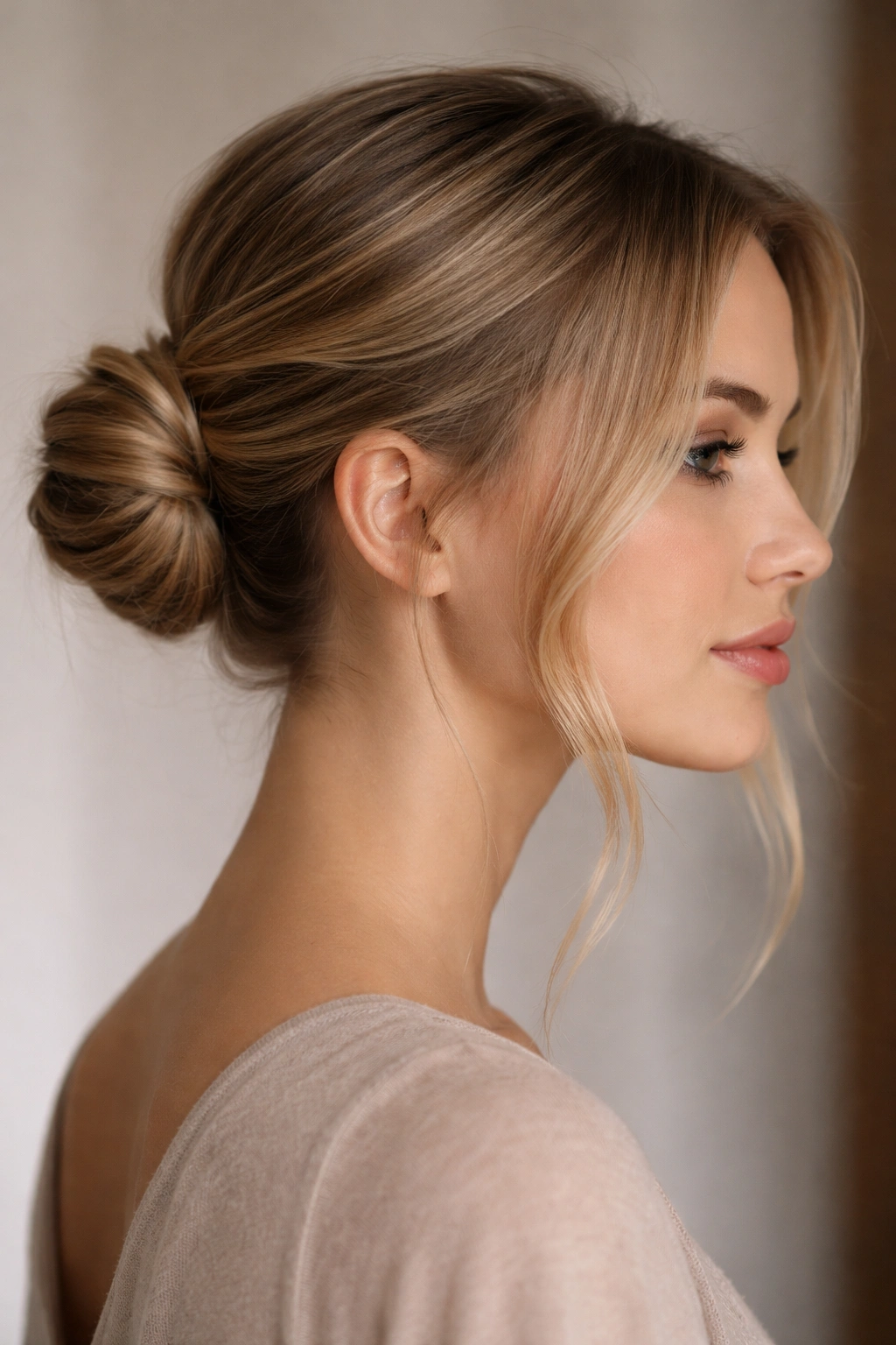 Close-up of a sleek low bun at the nape with two face-framing strands.