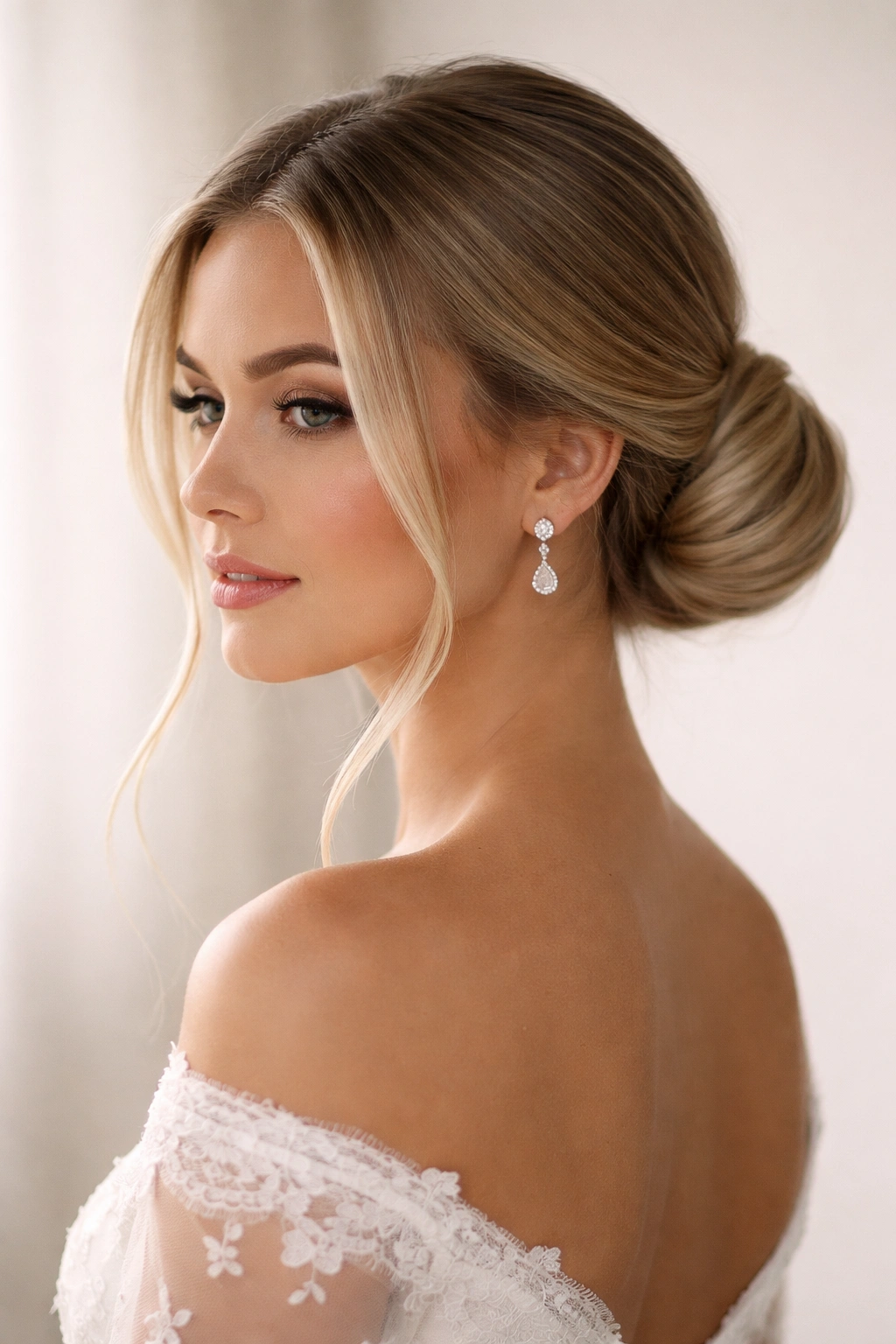 Low bun with face-framing pieces on straight hair