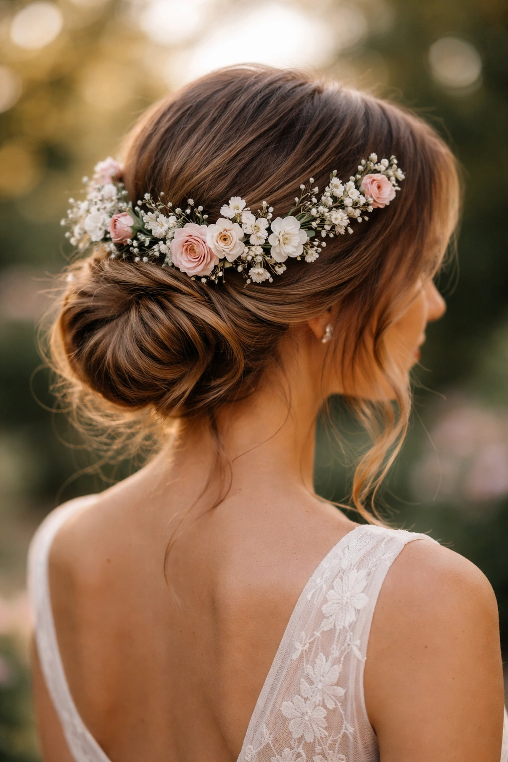 Low, loose bun at the nape with floral crown and soft waves.