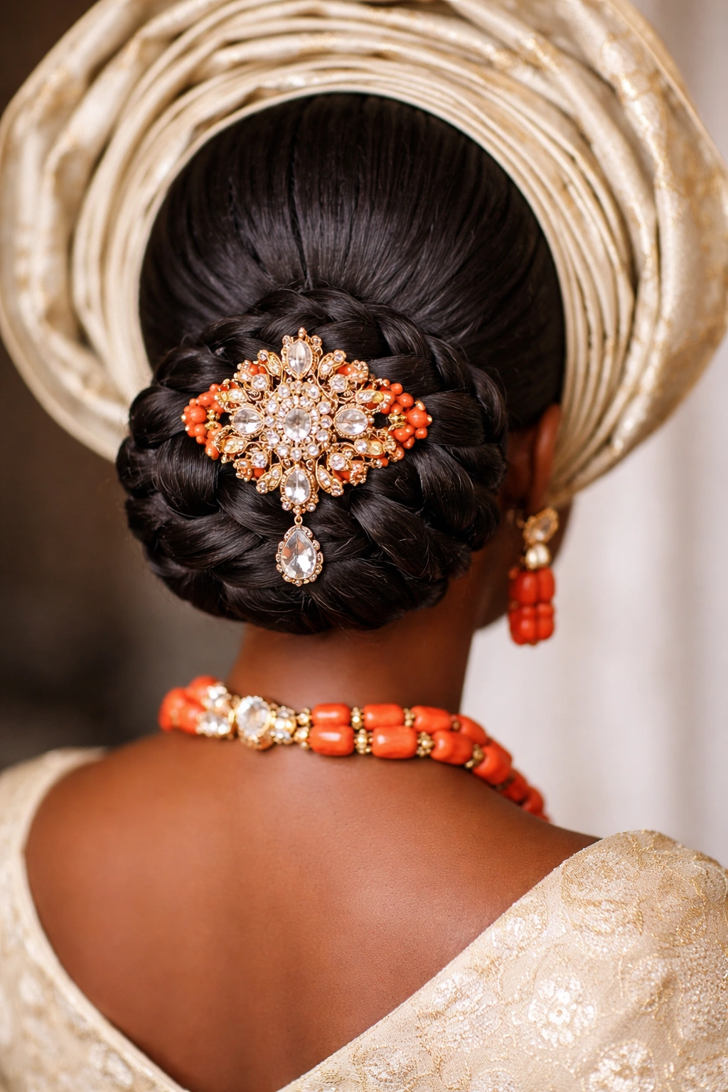 Braided low bun with jeweled brooch.