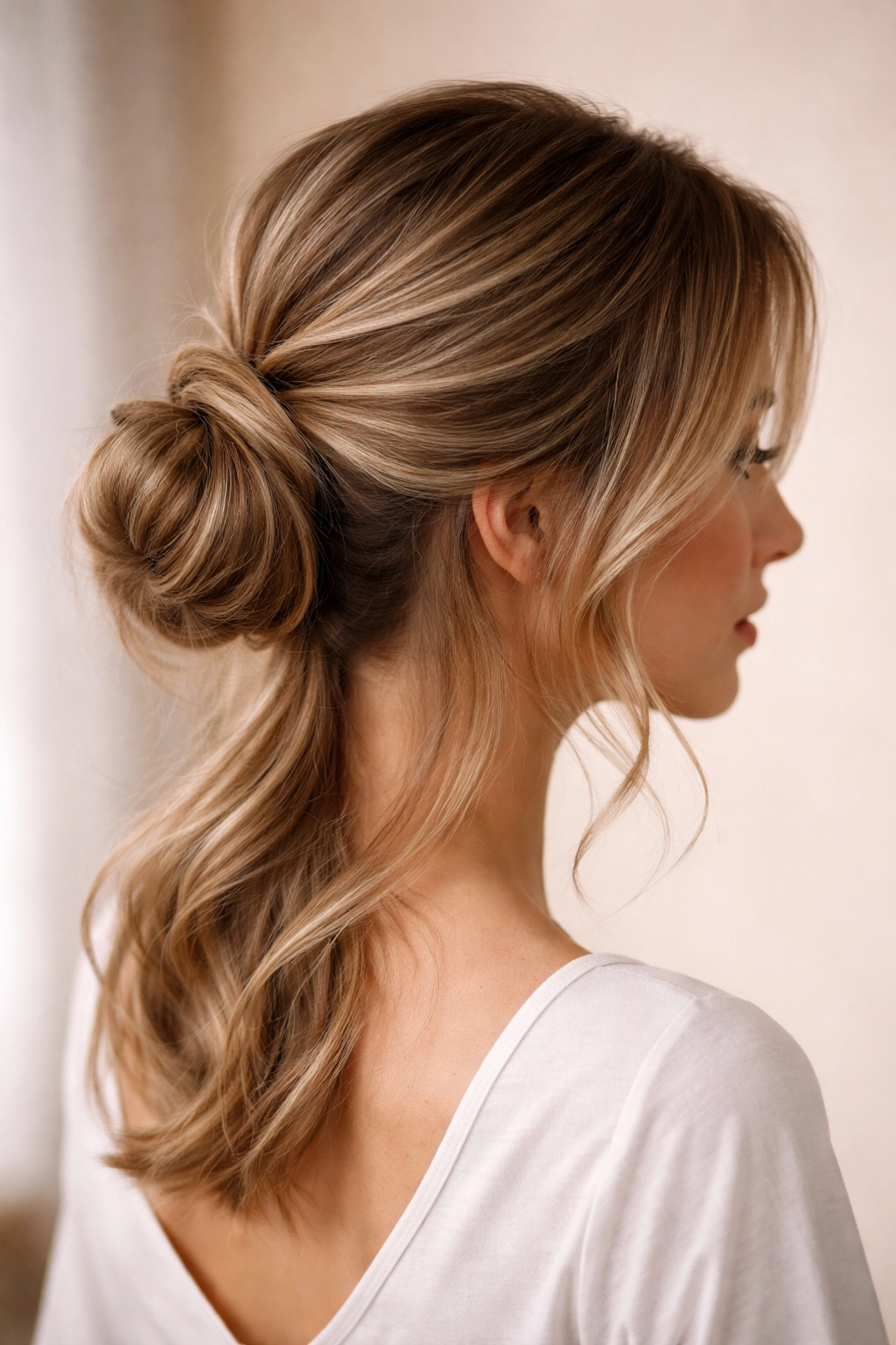 Low half-up bun with face-framing layers near the neck