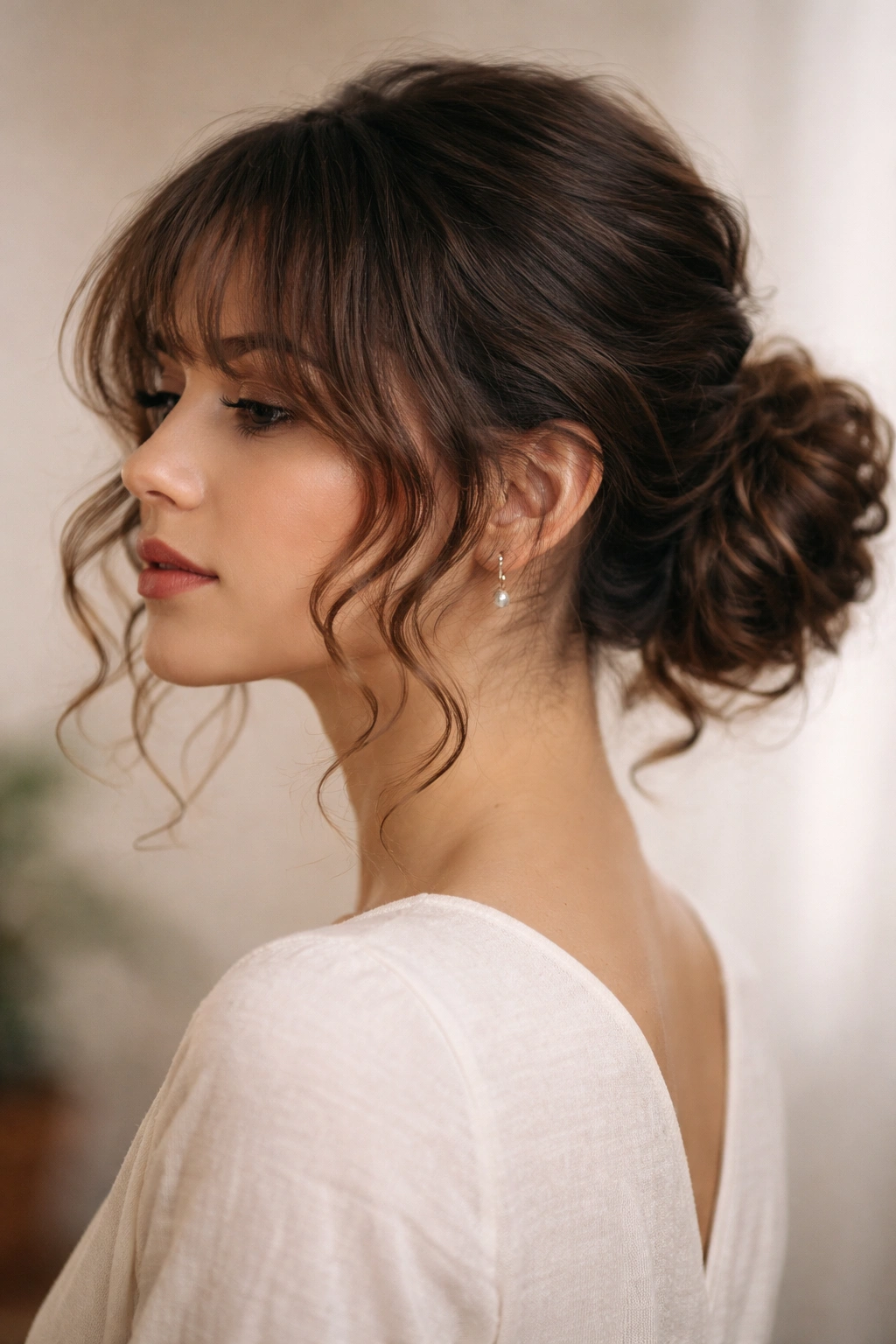 Side-three-quarter view of a curly hair low bun with soft bangs