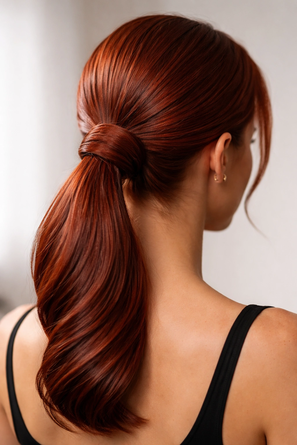 Low ponytail with a bun-wrapped twist in red hair