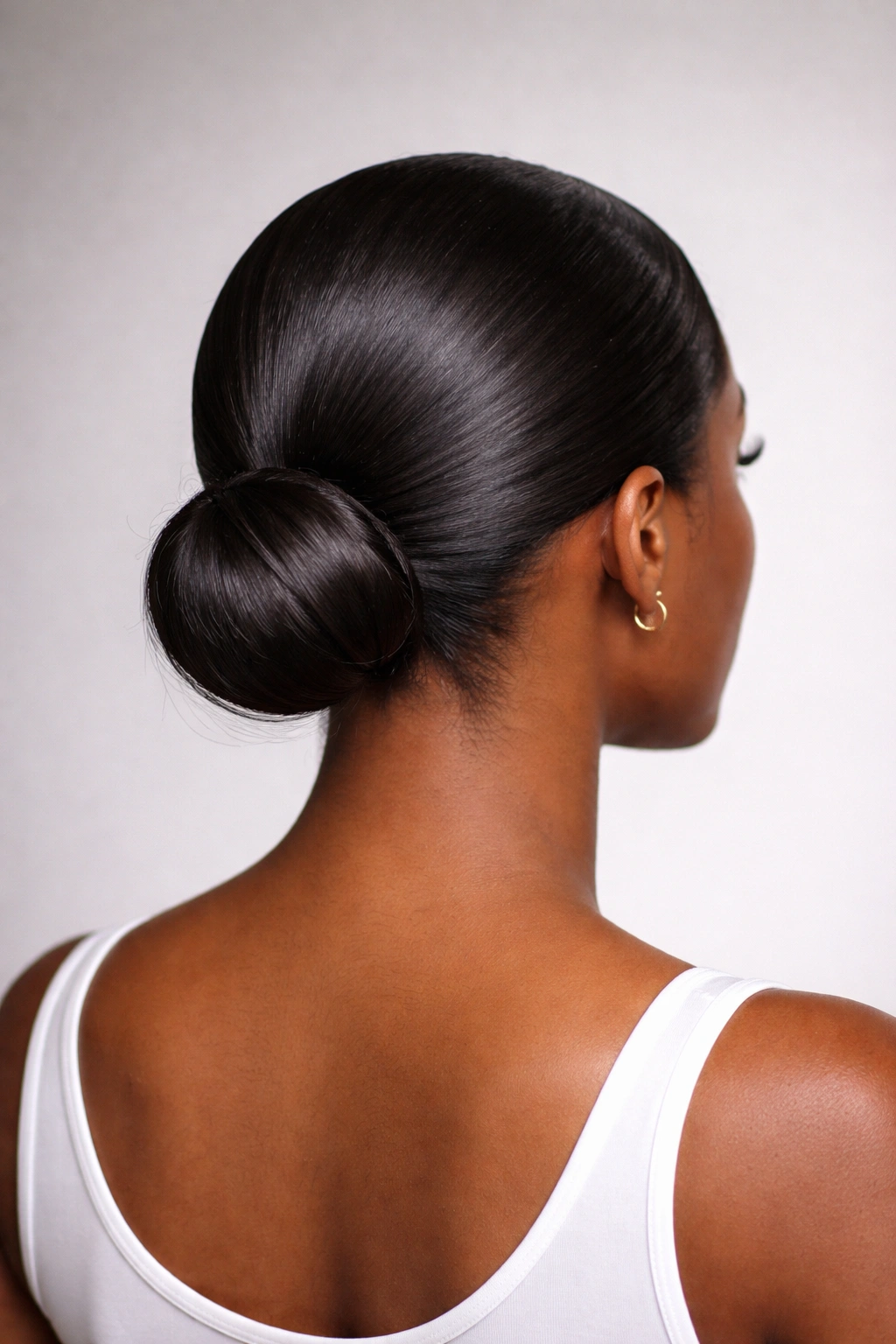 Back view of a low bun ponytail at the nape