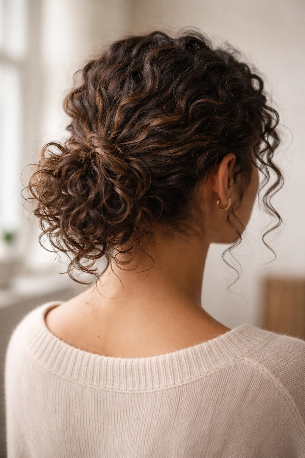 Close-up back view of a textured low bun ponytail on curly hair with volume at the nape
