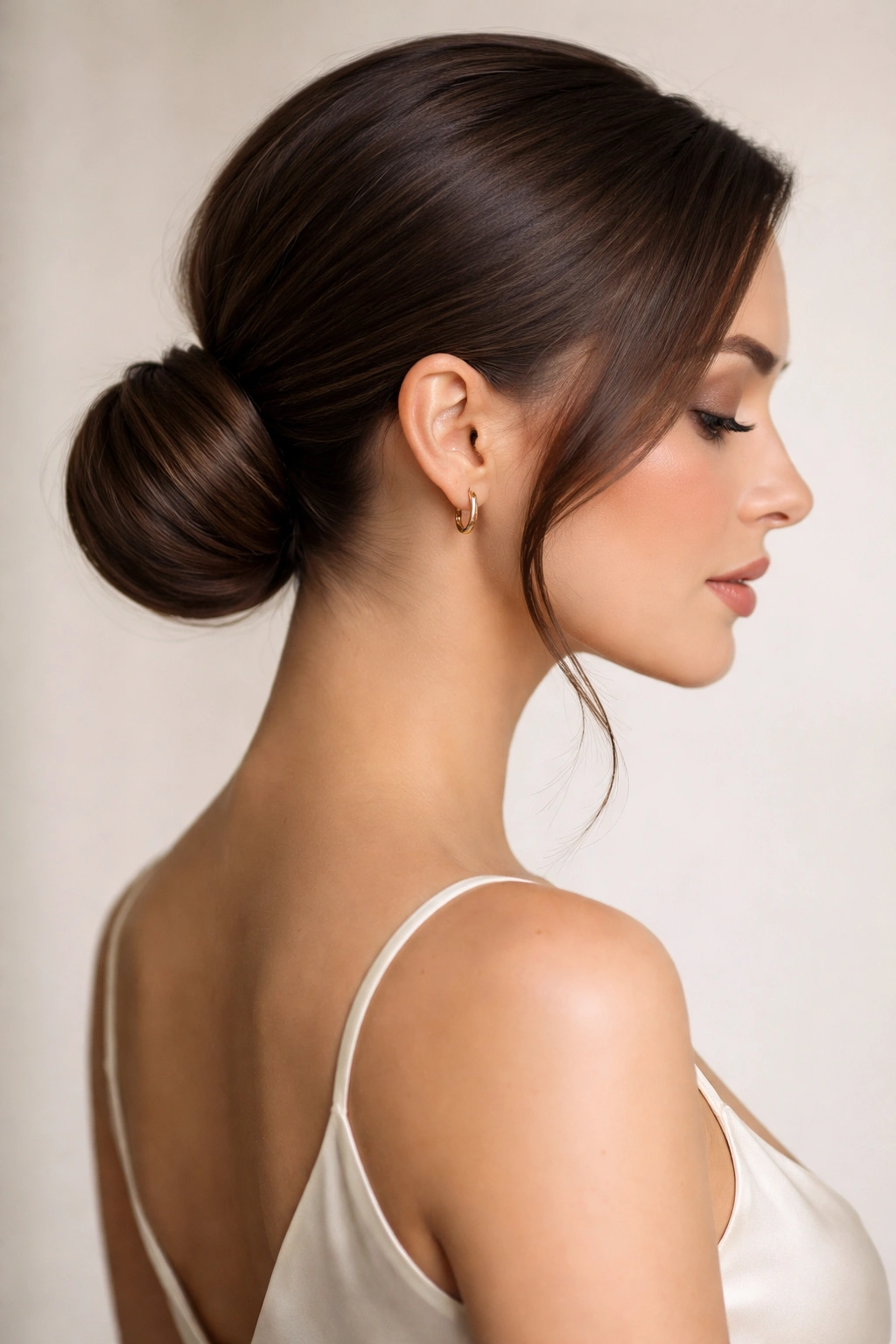 Close-up of a deep side-part ponytail twisted into a low bun at the nape