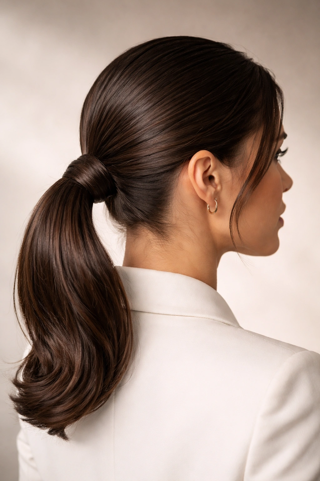 Low ponytail with a loosened wrapped bun at the base