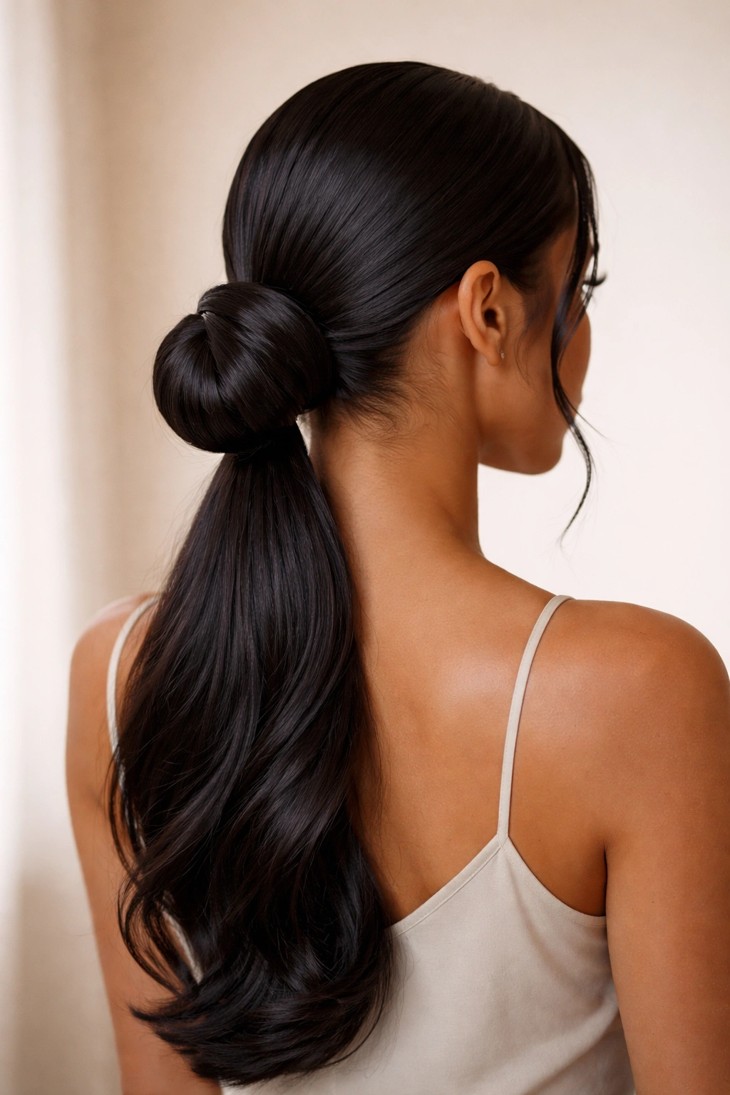 Sleek low ponytail with a polished bun at the nape