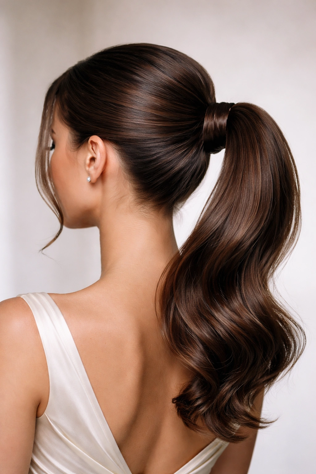 Back view of sleek low bun with a high pony accent