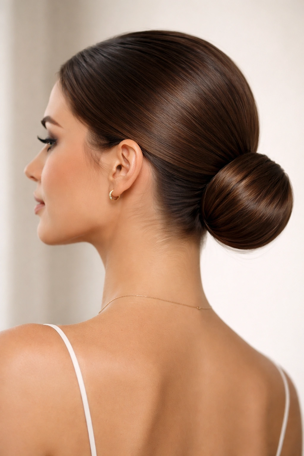 Low sleek bun ponytail at nape with smooth glossy hair