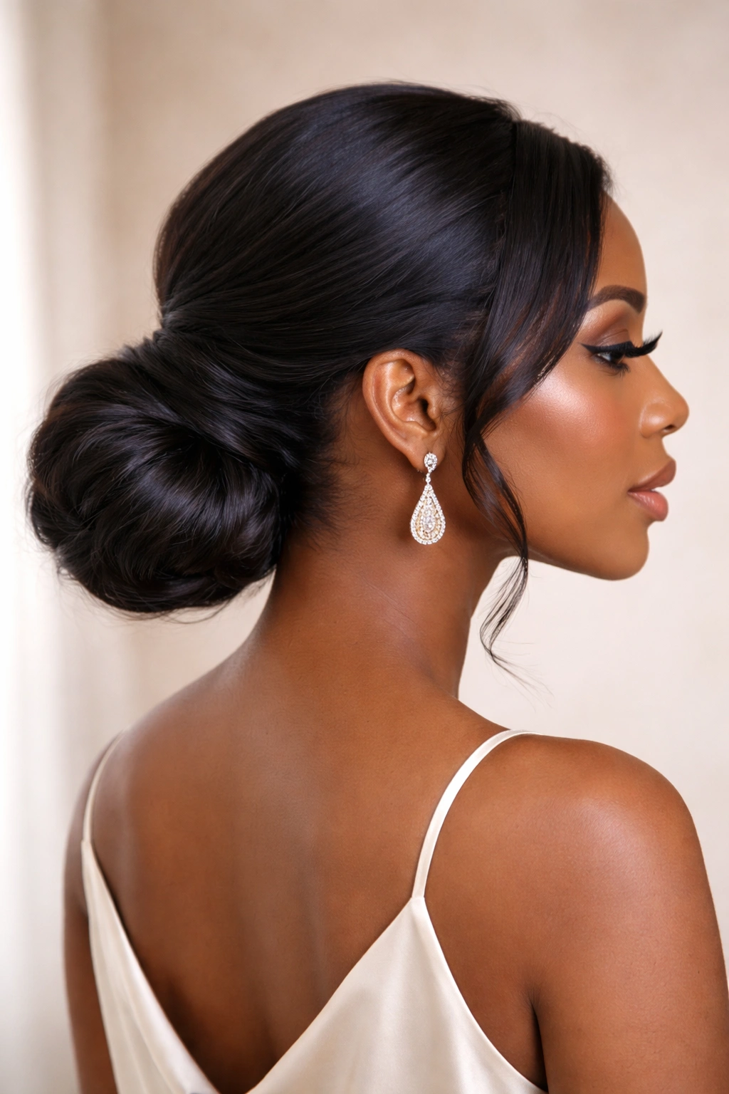 Low bun-ponytail hybrid with sophisticated twist on Black hair.