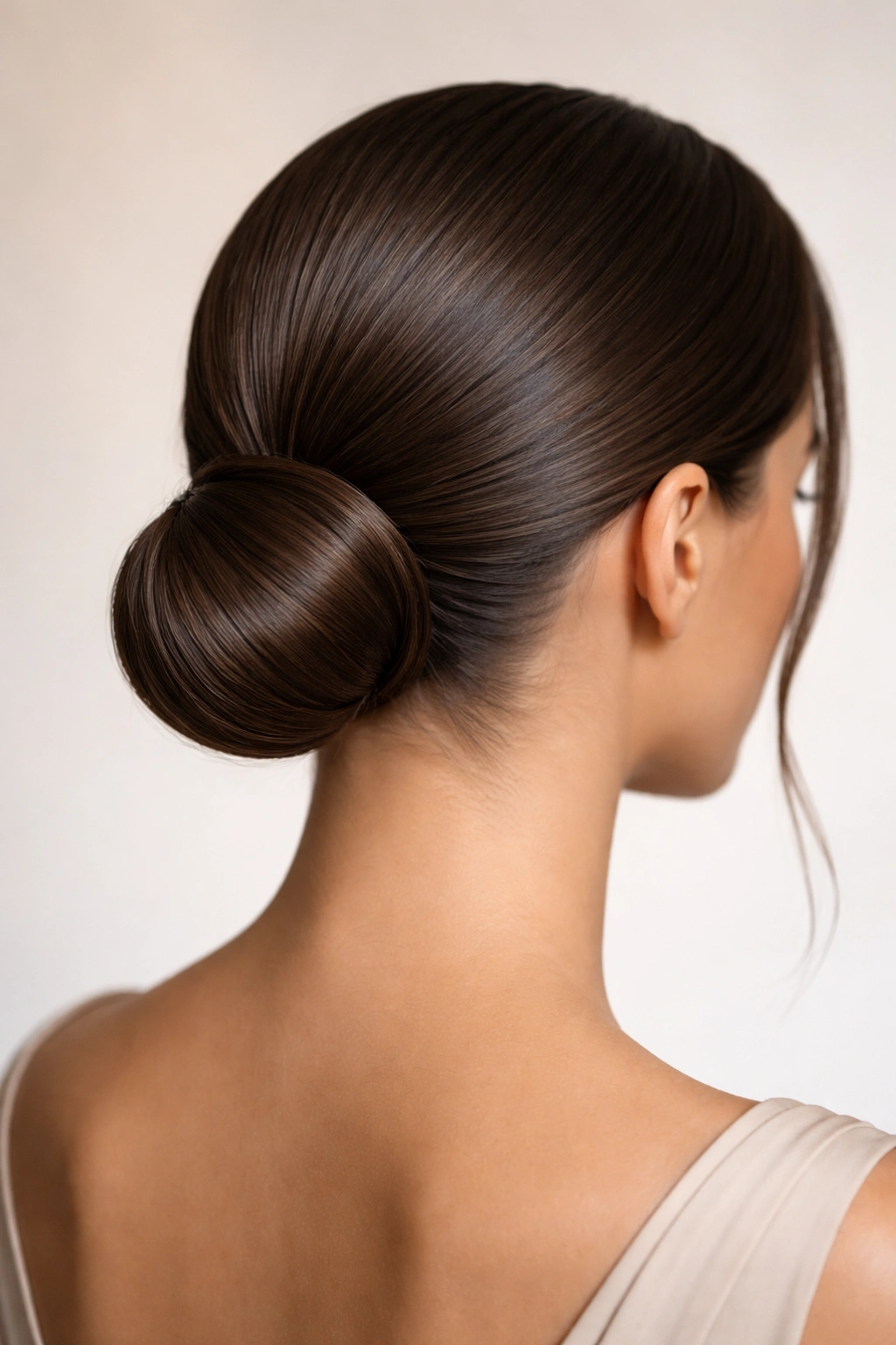 Close-up of a sleek low bun at the nape of the neck