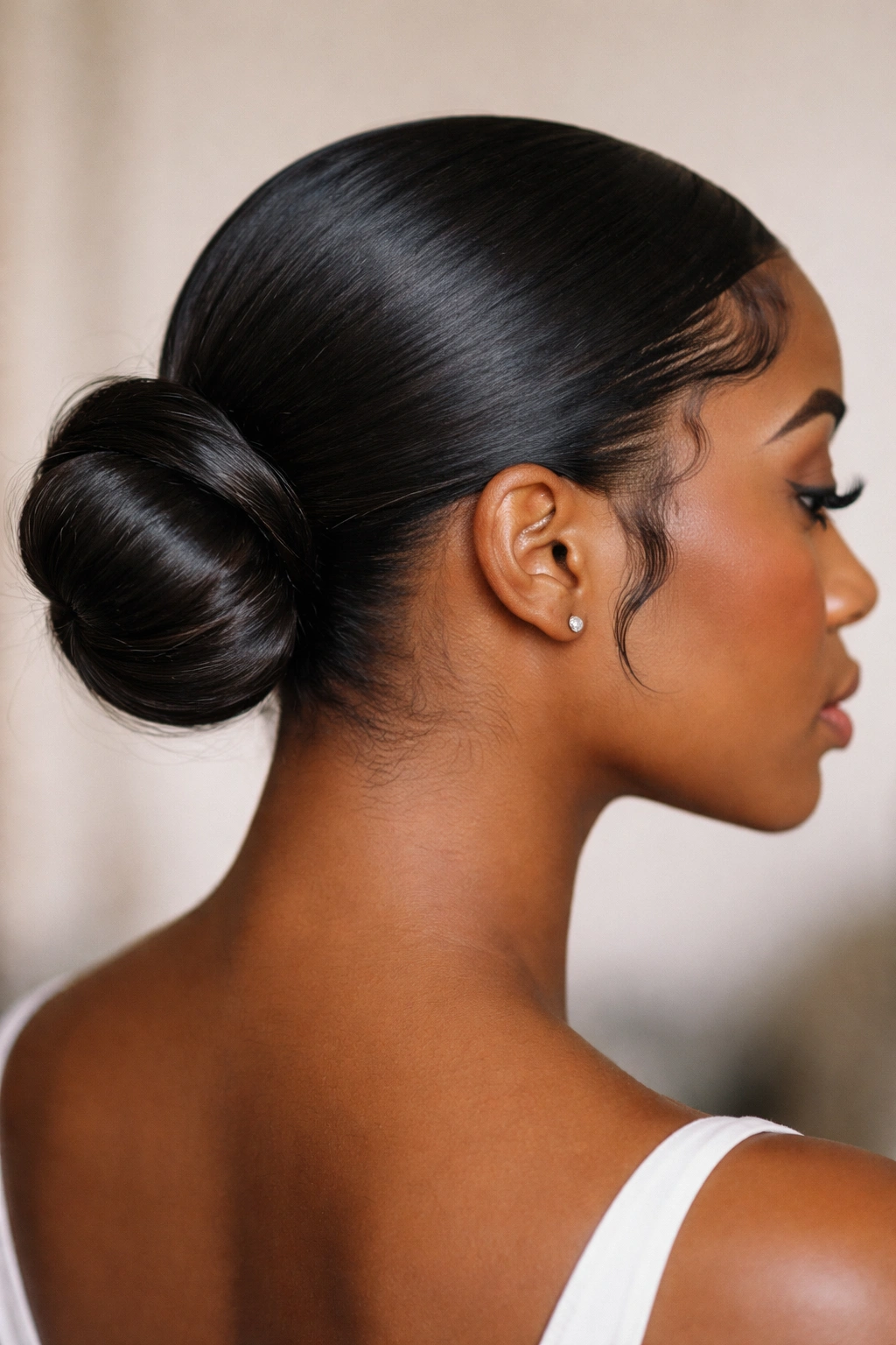 Close-up of a classic low bun at the nape with sleek edges