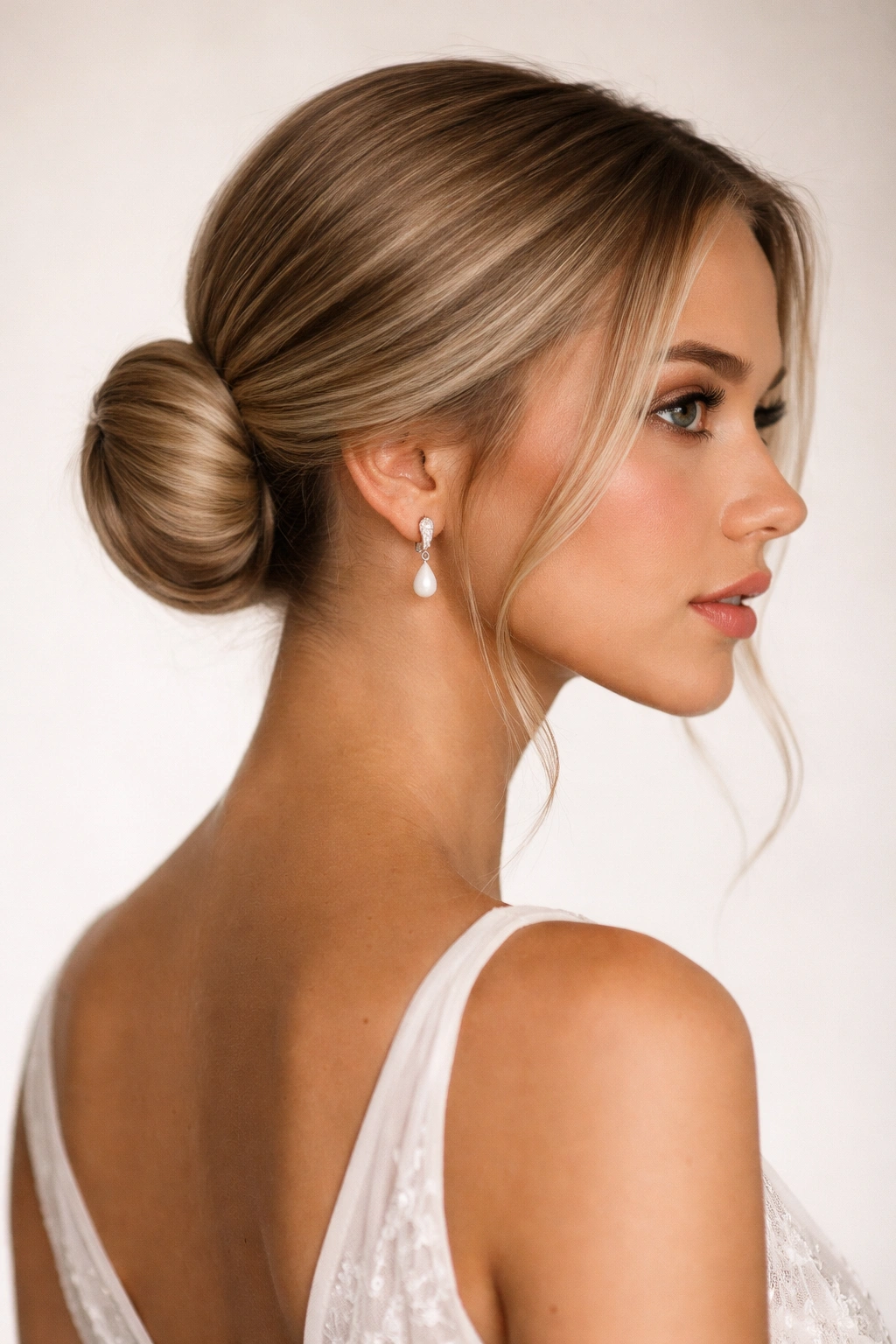 Close-up of sleek low bun with face-framing strands on straight hair
