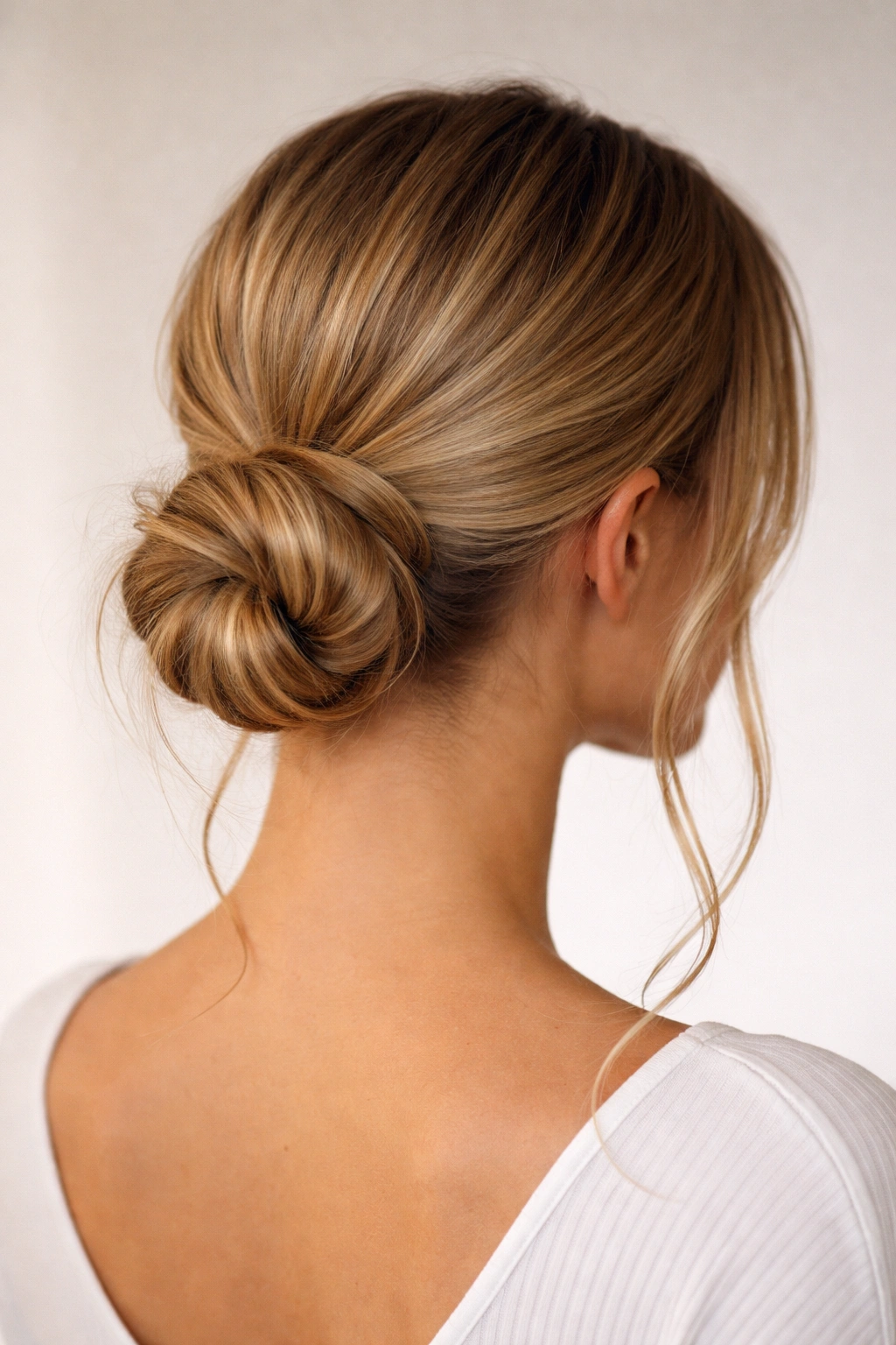 Low bun at the nape with smooth sides and two pulled-out strands