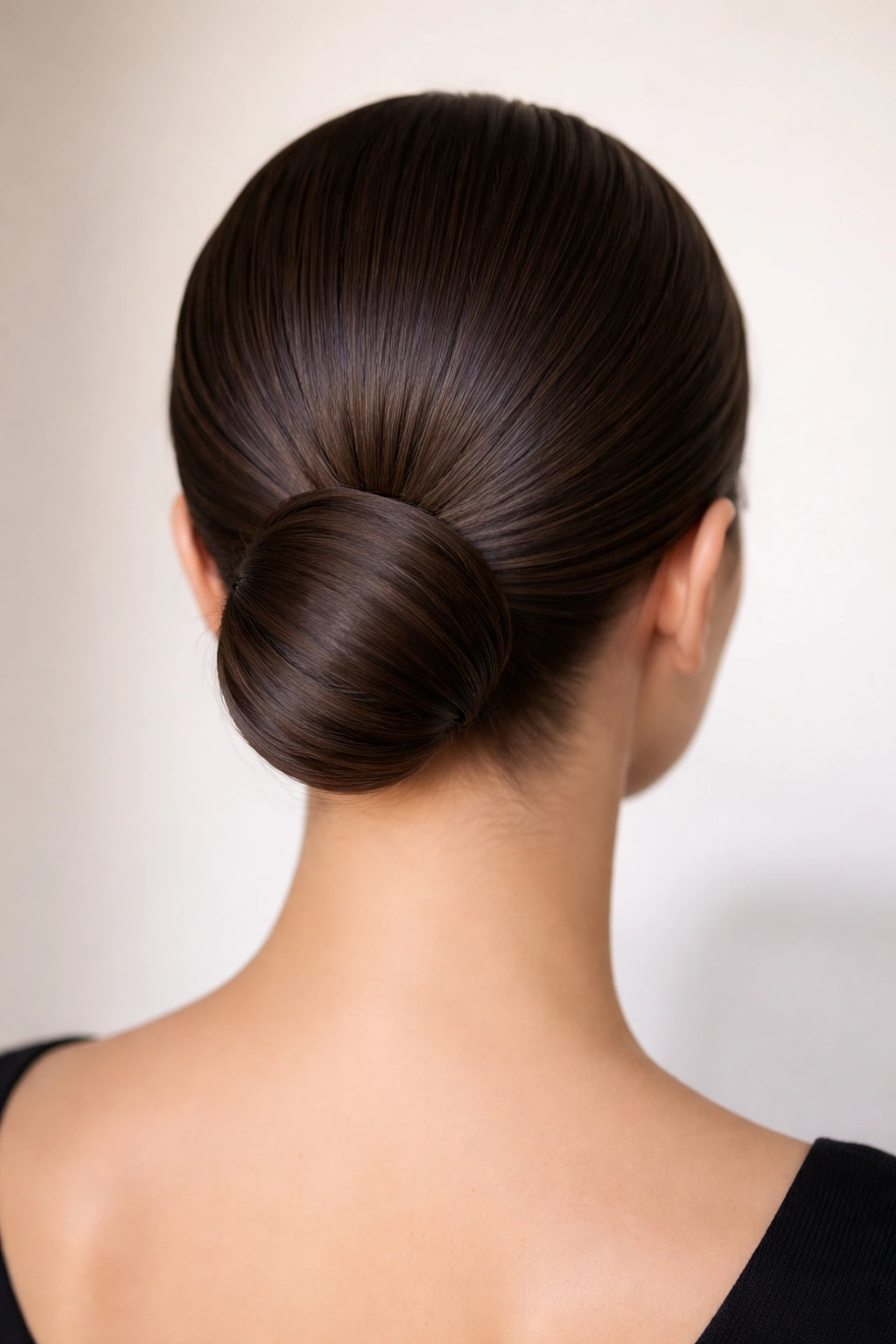 Back view of sleek low bun on straight hair, tight and smooth