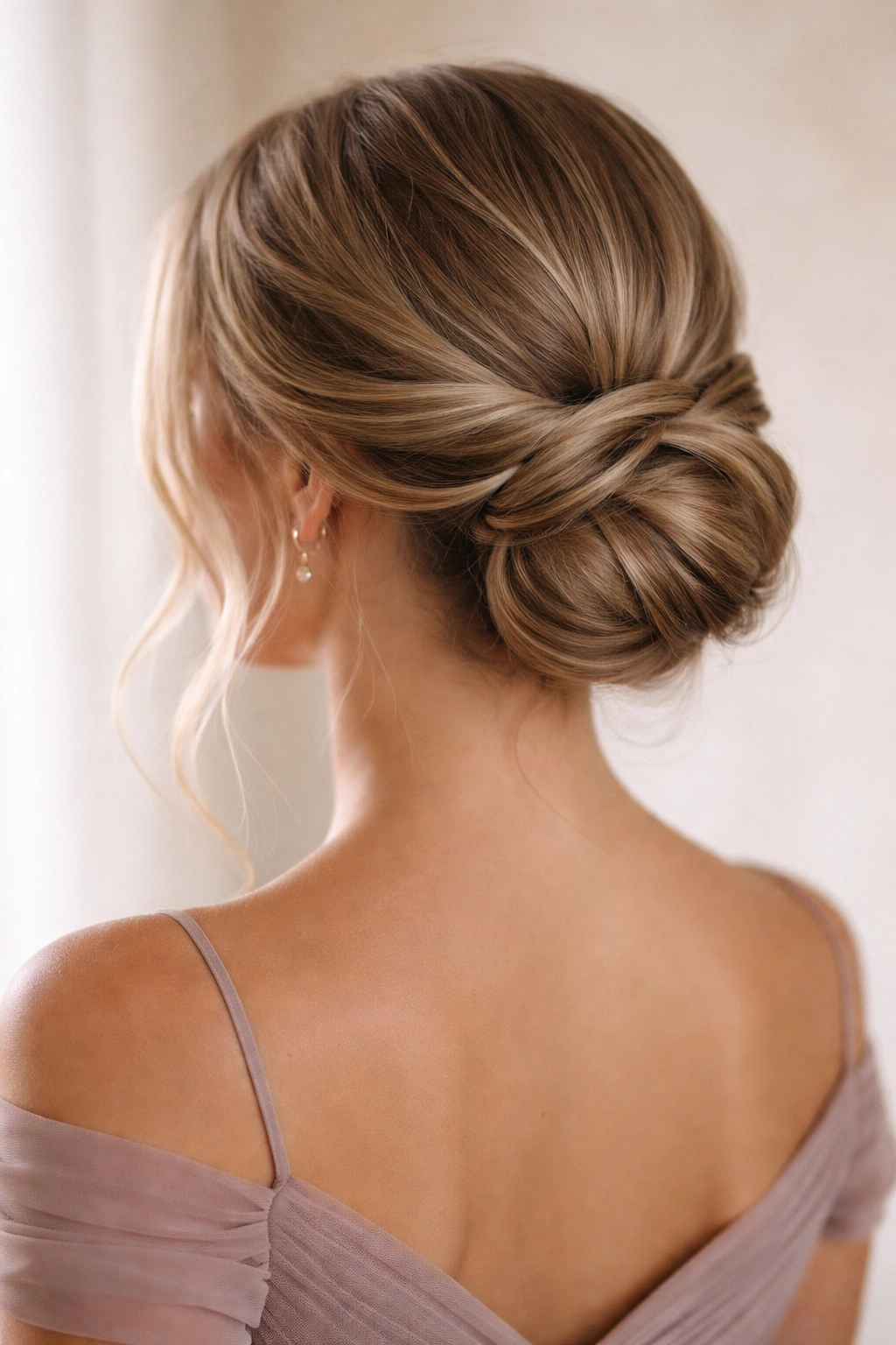 Low bun at the nape with twists forming a halo and soft face-framing pieces