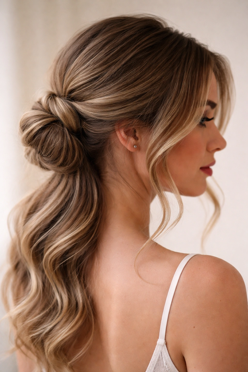 Low bun at the nape with face-framing waves