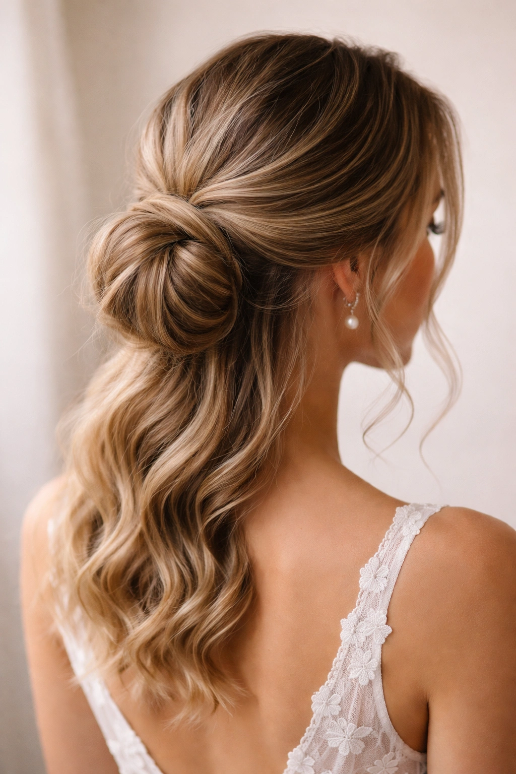 Close-up of Romantic Low Bun with Loose Waves showing a low nape bun and loose waves