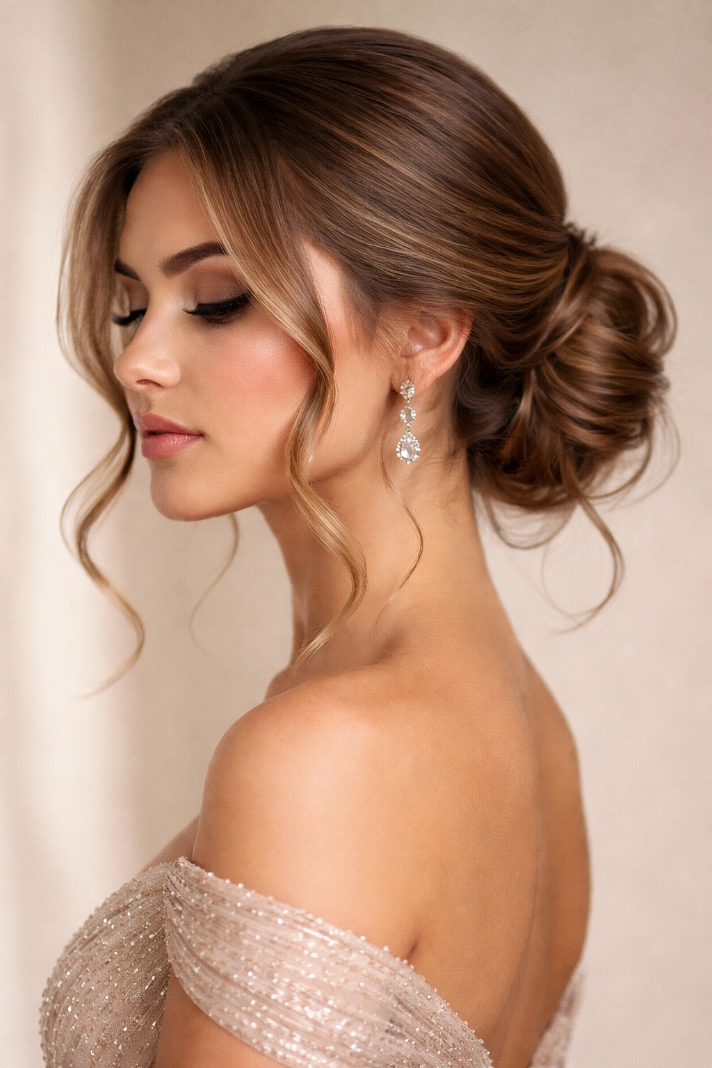 Low textured bun at nape with wavy tendrils framing the face