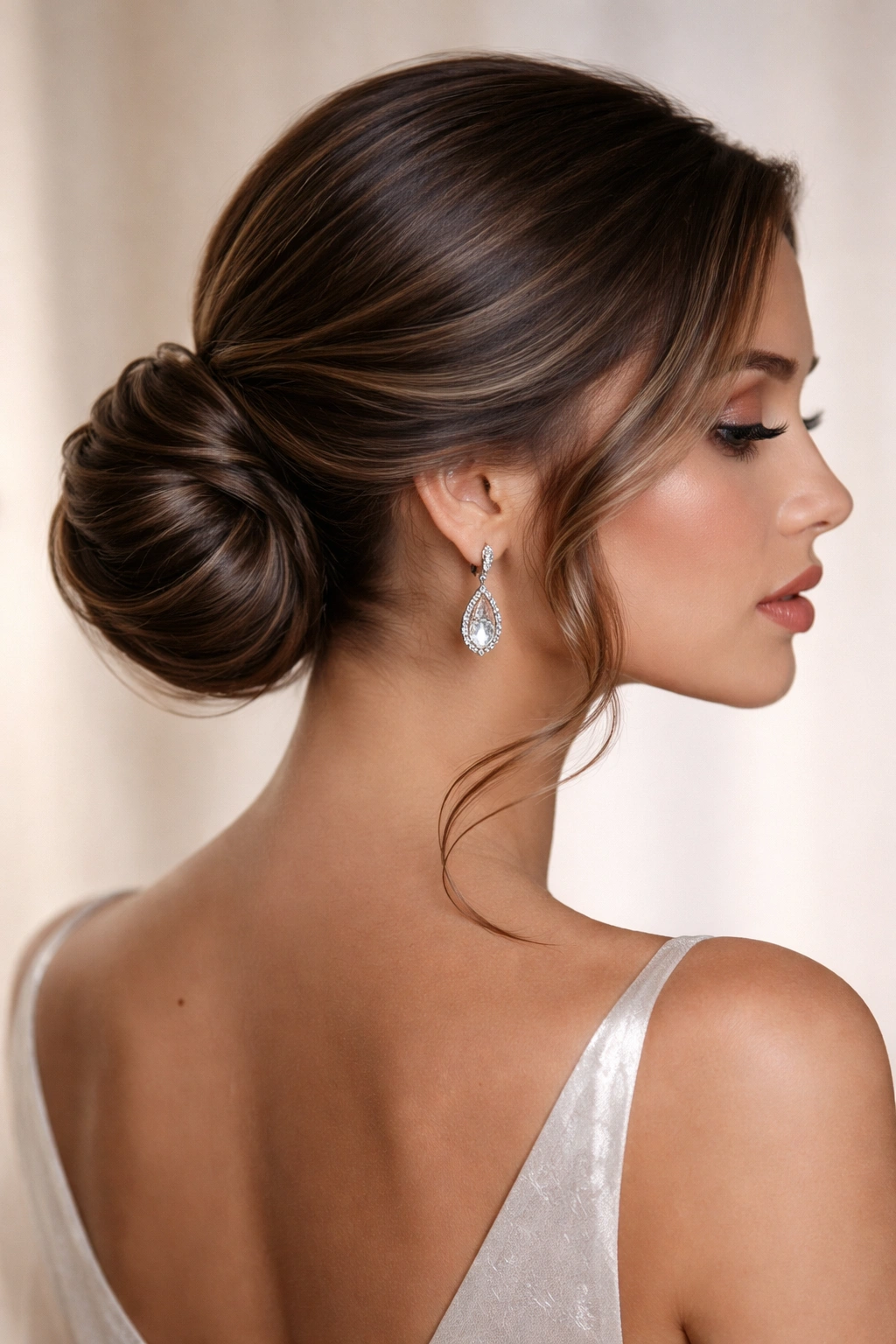 Sleek low bun with wave detail at the nape for a modern prom updo