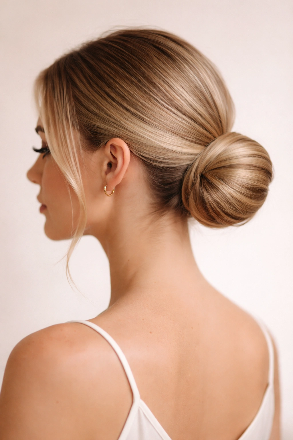 Polished low chignon ponytail at nape with rolled cylinder bun