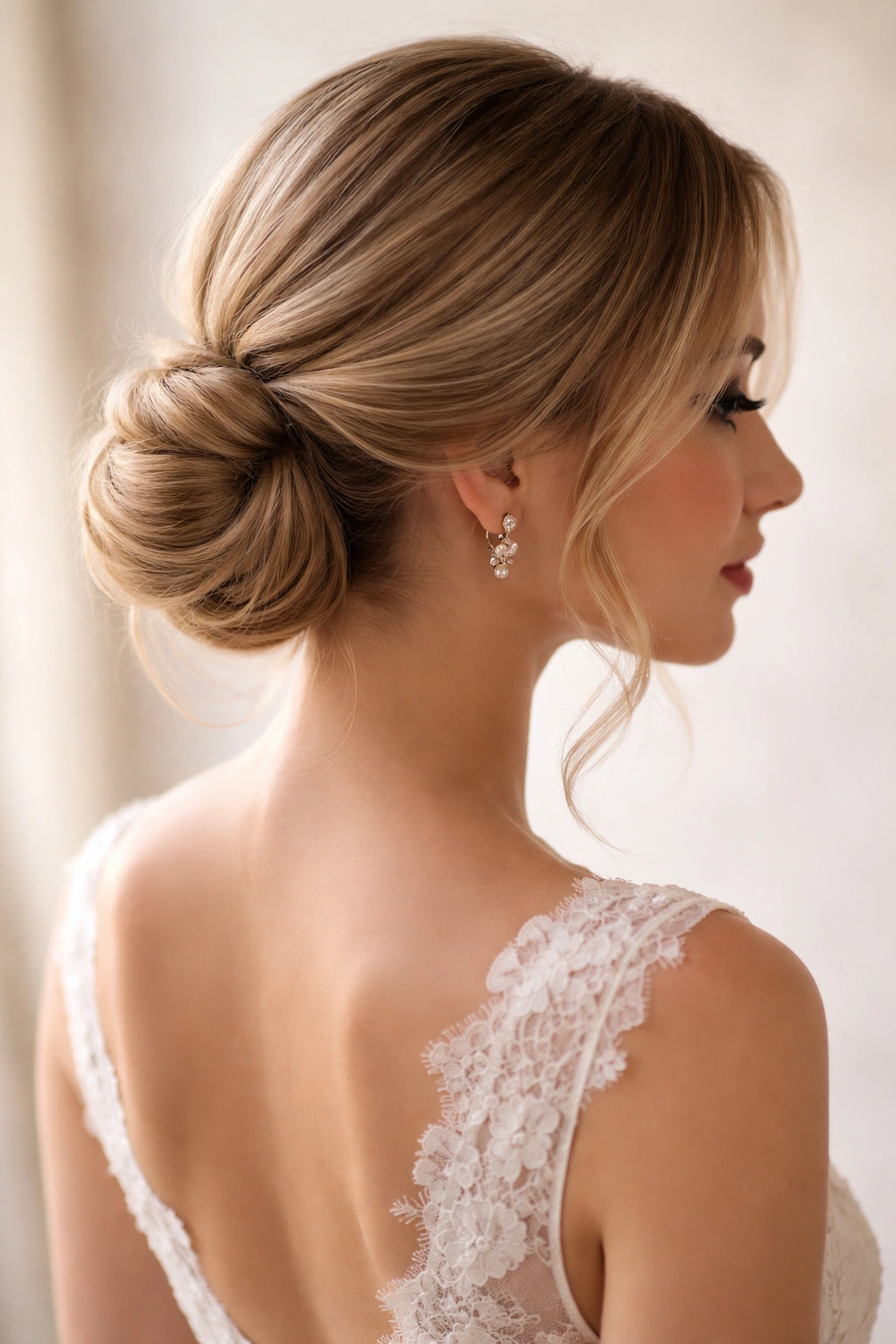 Close-up of a soft, loose low chignon at the nape of the neck on a bridal subject