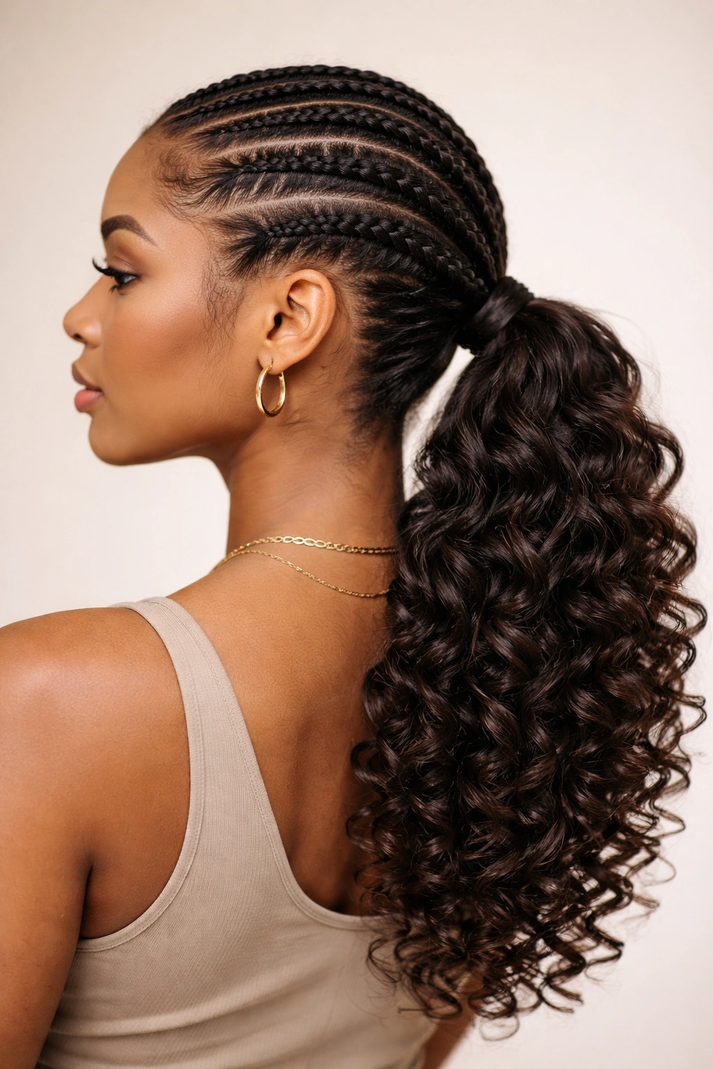 Low cornrow ponytail with curly ringlets twisting from the base