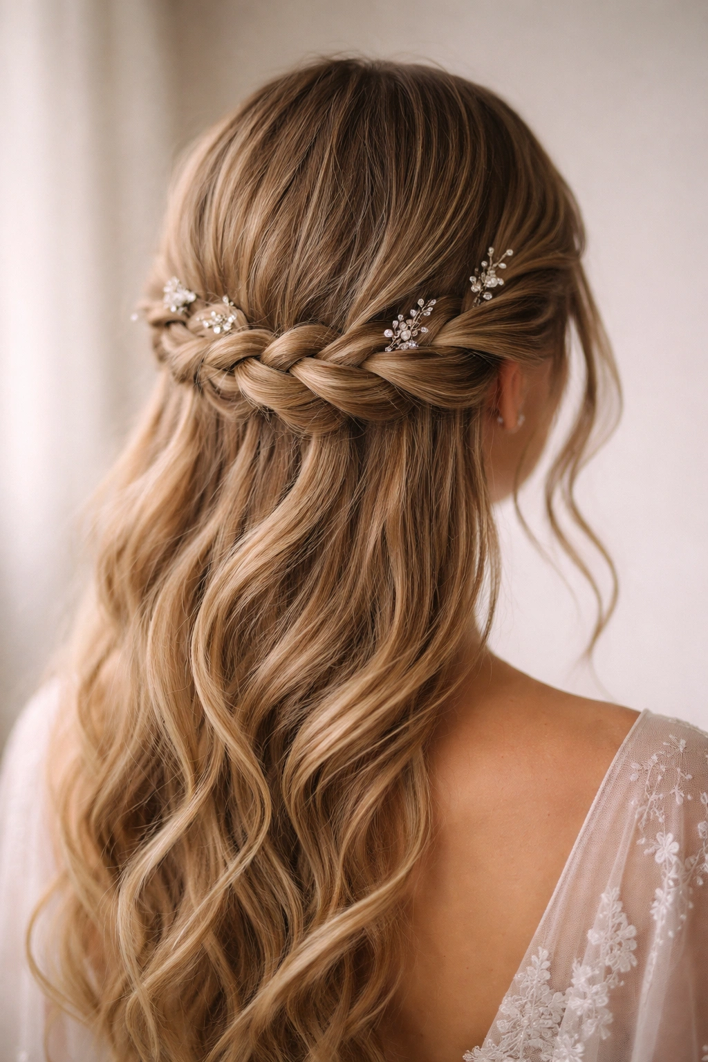 Low crown braid at the nape with subtle crystal pins