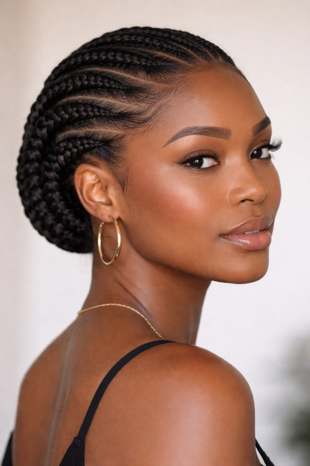 Close-up of low-positioned crown braids with unbraided front hairline