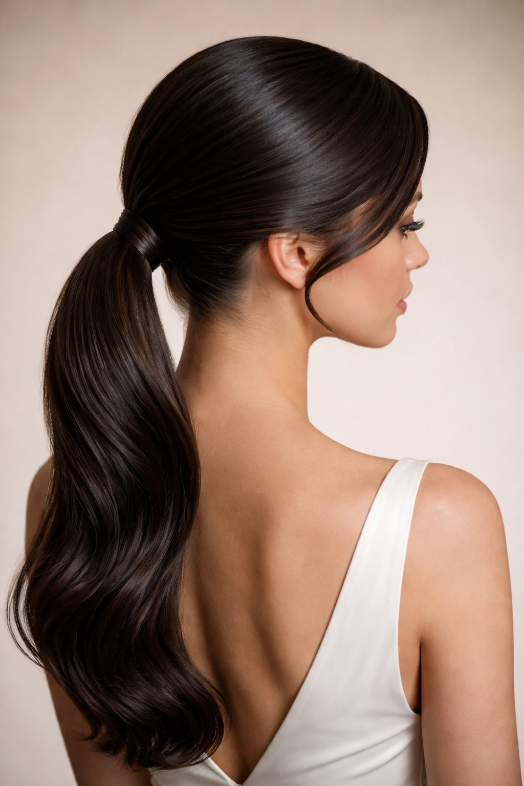 Low curved swoop ponytail with curved swoop and low pony at nape