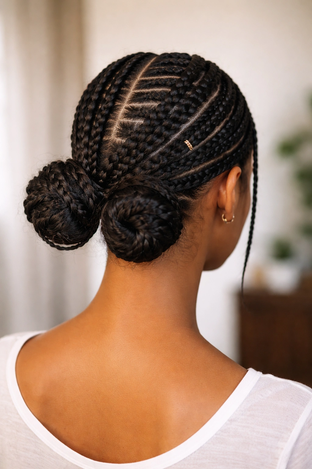 Back view of low double buns with asymmetrical braids at the nape
