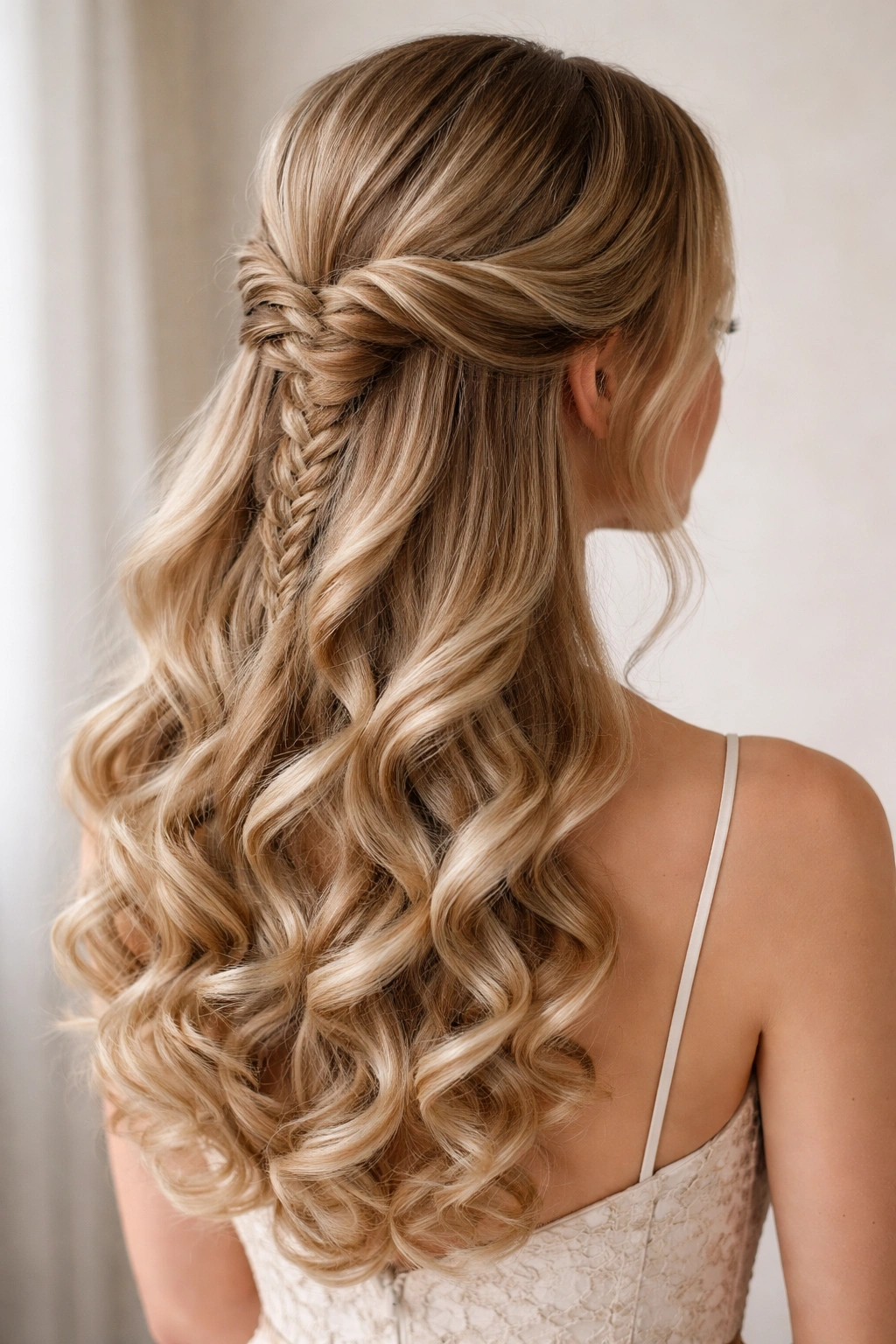 Low fishtail half-up with pin curls along the lower section