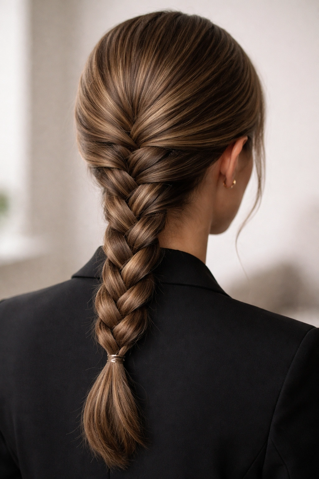 Close-up of a low French braid at the nape with smooth hair and subtle texture