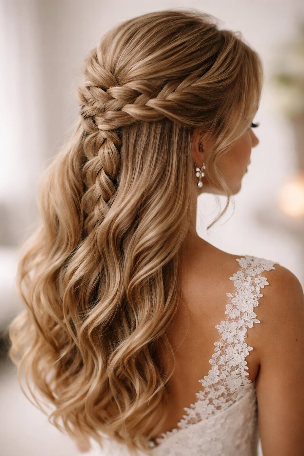 Low half-up French braid with added crown volume