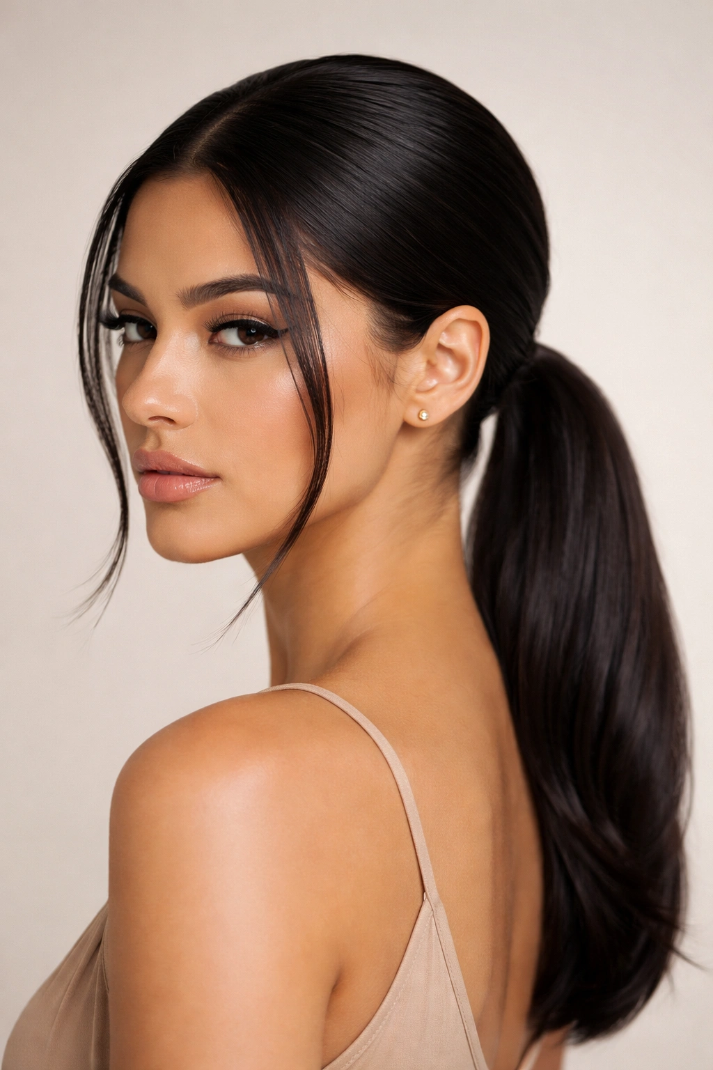Close-up of a sleek low frontal ponytail at the nape with face-framing strands