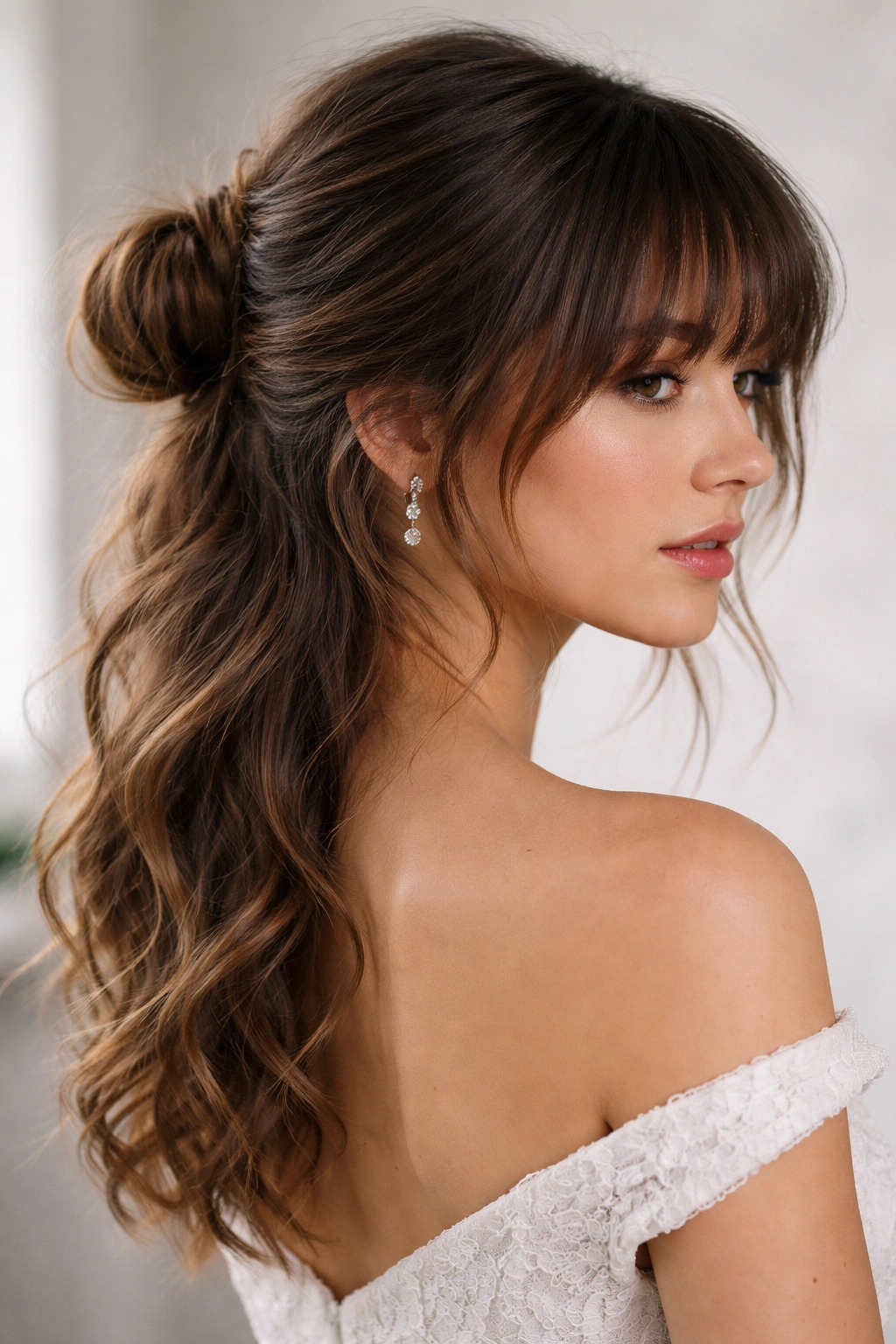 Low half bun with textured choppy bangs