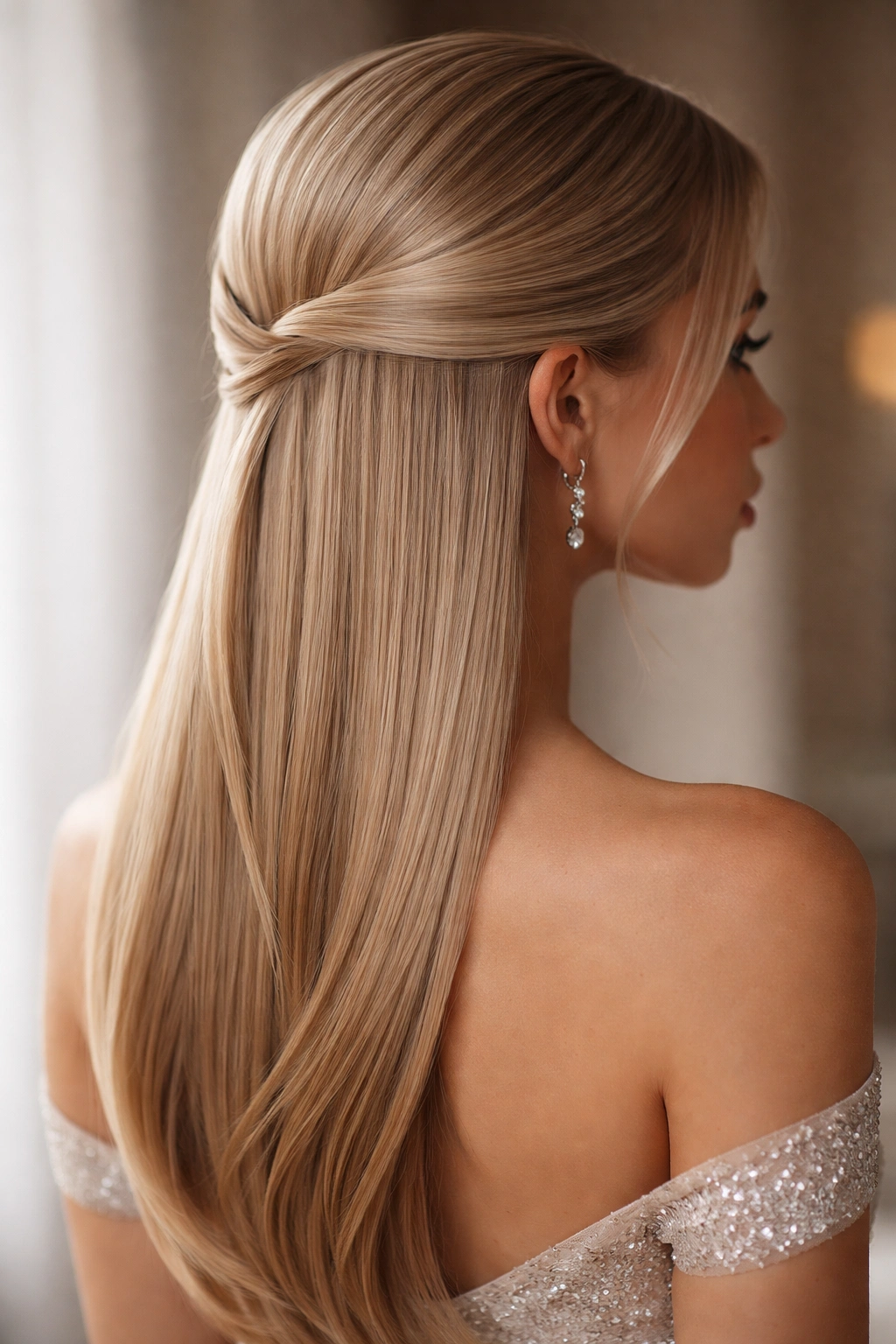 Low half-up with curved sections hairstyle on straight hair