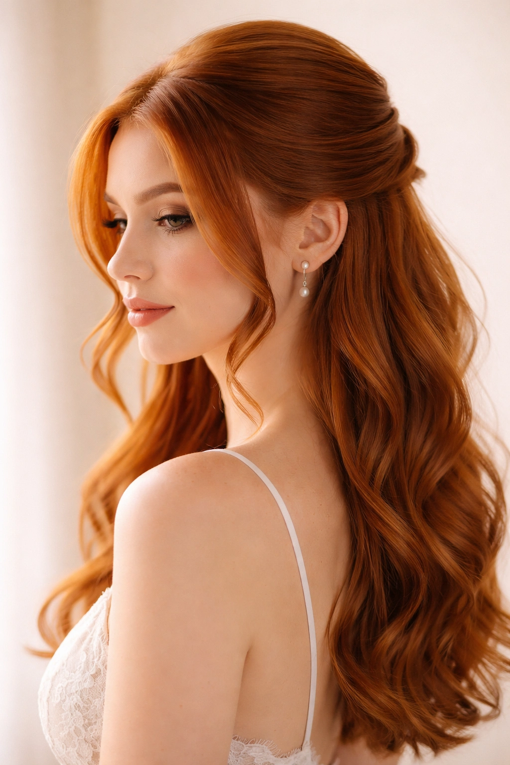 Low half-up with face-framing layers on red-haired bride