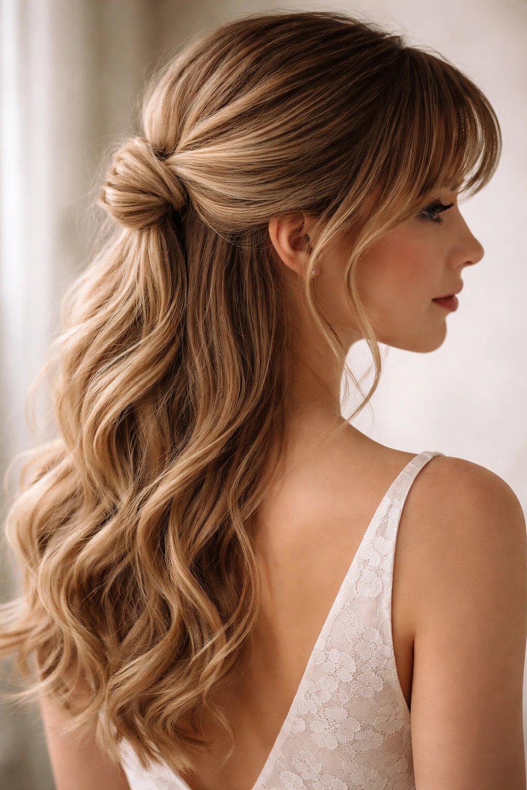 Low half-up knot hairstyle with curved bangs viewed from behind