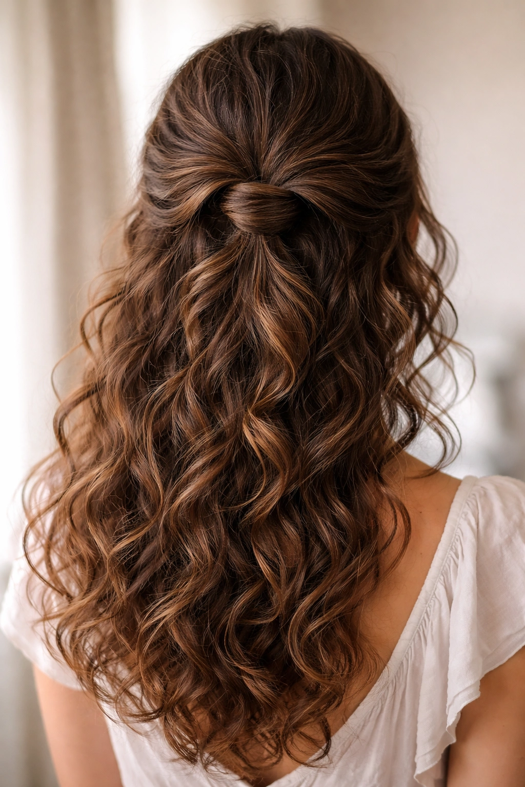 Low half-up hairstyle with a twisted textured loop at the nape