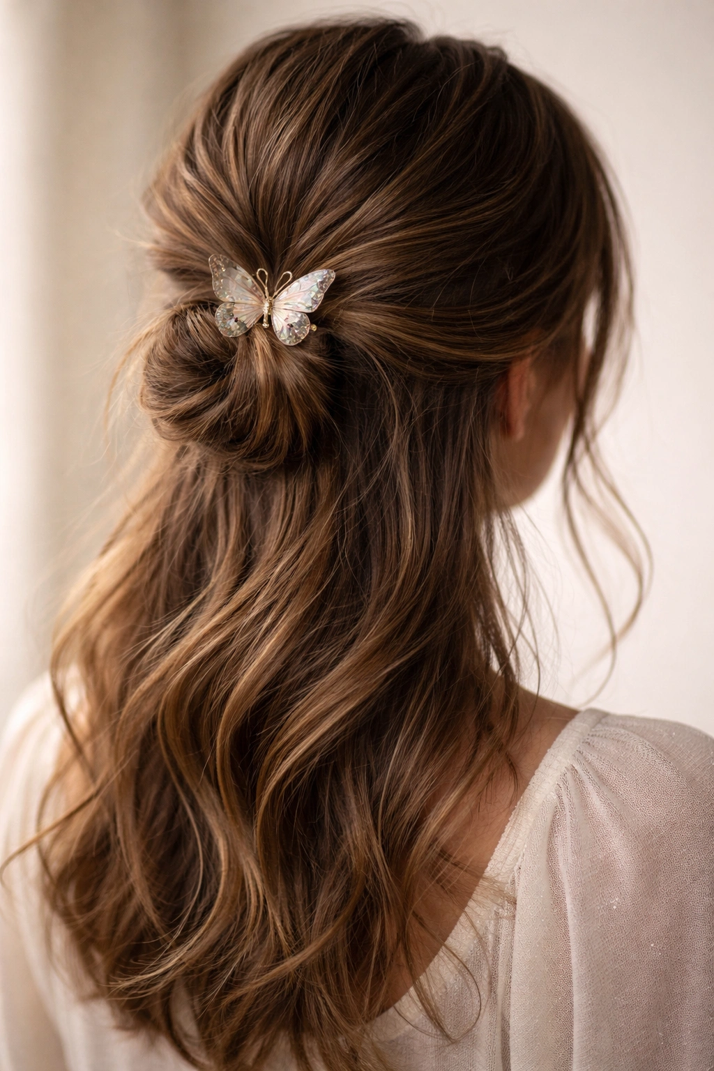 Low half-up messy bun secured with butterfly clip at the nape